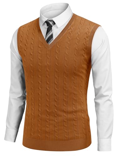 COOFANDY men's cable knit V-neck sleeveless sweater vest