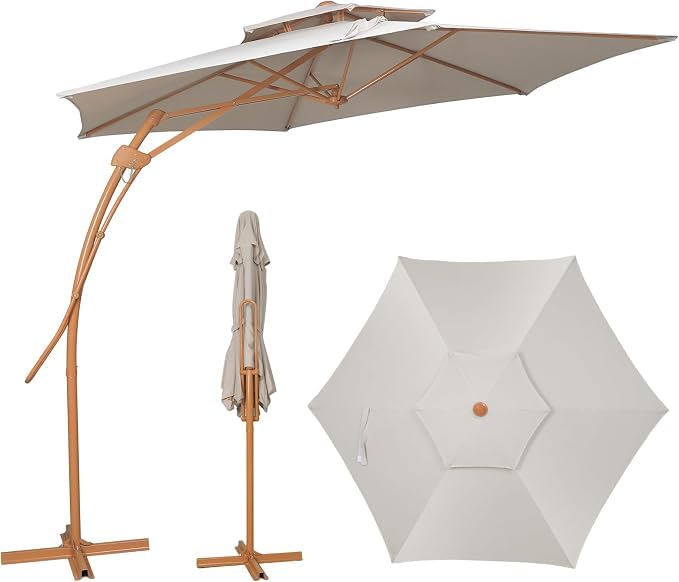 KioGro Sonnenschirm Balkon 300cm Gartenschirm Ampelschirm mit Kurbel UV-Schutz,Doppel-Top Design,Kurbelschirm mit 6 robusten Streben,für Garten Terrasse Balkon, inkl, Beige