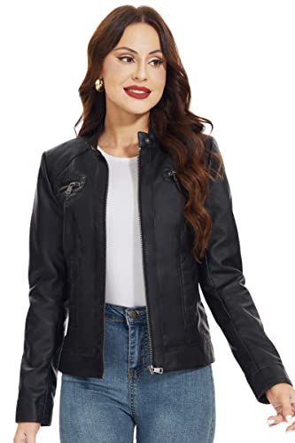 Fahsyee Zip Leather Jackets for Women Motorcycle Faux PU Moto Biker Outwear Coat2