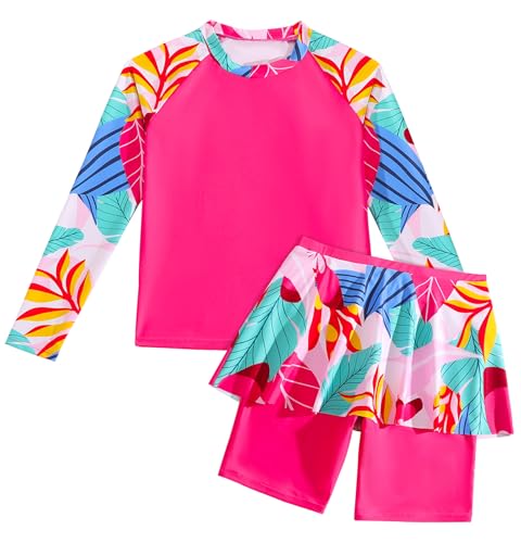 SEAUR Girls Rash Guard Swimsuit Long Sleeve Bathing Suit 2 Pieces Swimming Skirt with Shorts Swimwear Set