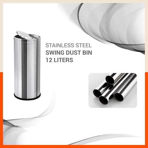 Image of Bathla Stainless Steel Swing Dustbin with Lid for Home, Office & Kitchen - 12 Litres | Swing Lid Trash Can | Durable & Rust-Resistant Garbage Bin