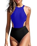 Holipick Women's Royal Blue Black One Piece Swimsuit Cutout High Neck Bathing Suits Tummy Control Swimwear for Teen Girls XL