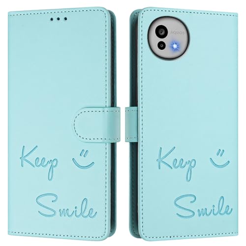 Funda tipo cartera para Sharp Aquos Wish 6, en relieve Keep Smile de piel sintética, con tapa, bloqueo RFID, soporte, cierre magnético y correa de muñeca, color verde A01