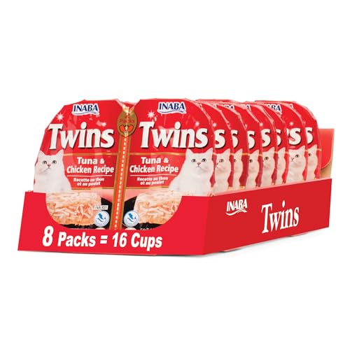 Image of INABA Twins for Cats, Grain-Free Shredded Chicken & Broth Gelee Side Dish Cups, Tuna & Chicken Recipe, 1.23 Ounces per Serving, 19.68 Ounces Total (16 Count)