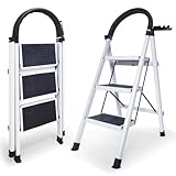 Escalera Plegable de 2, 3 y 4 Peldaños con Soporte Adicional y Mango Antideslizante | Ladder Multifuncional Antideslizante | Ligera, portátil y Segura para Todo Tipo de Tareas (3 Peldaños)