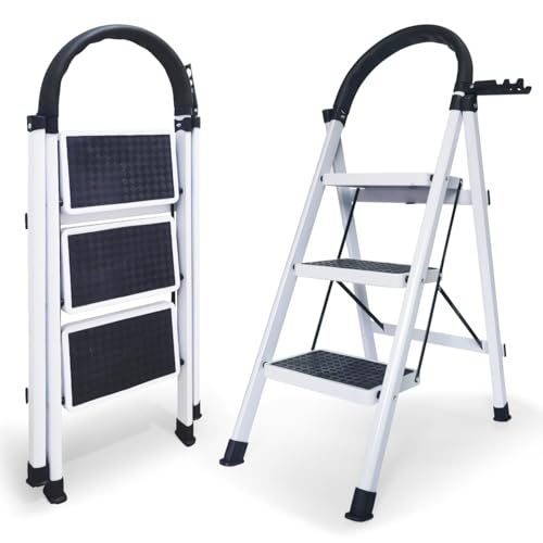 Escalera Plegable de 2, 3 y 4 Peldaños con Soporte Adicional y Mango Antideslizante | Ladder Multifuncional Antideslizante | Ligera, portátil y Segura para Todo Tipo de Tareas (3 Peldaños)
