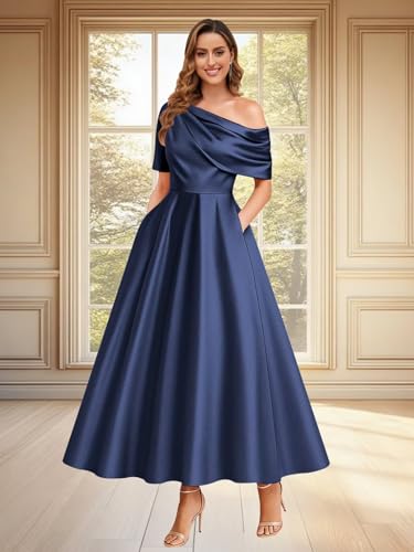 Tea Length Satin Mother of The Bride Dresses for Women One Shoulder A Line Formal Wedding Guest Dresses with Pockets2
