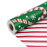 LaRibbons Reversible Green Christmas Wrapping Paper Roll, Classic Candy Cane & Red Striped Gift Wrap for Christmas, Holiday, Winter Party, 17 Inch x 33 Feet