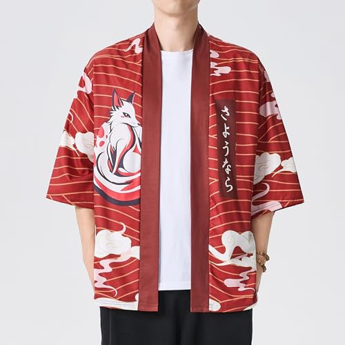 Image of PRIJOUHE Men's Japanese Kimono Cardigan Jackets Casual Long Sleeve Open Front Coat Lightweight Yukata Outwear