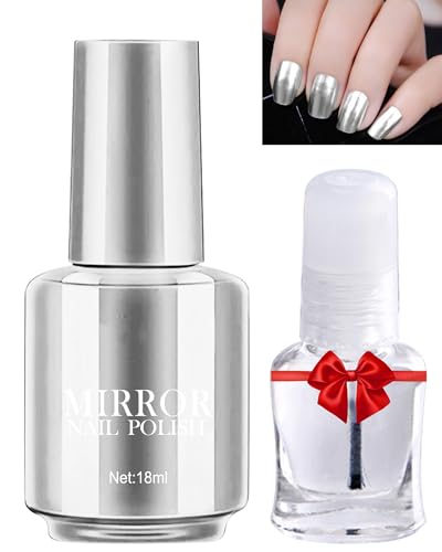 Mirror Gel Nagellack Satz,Silver Metallic Langanhaltend Schnell Trocknend Nail Gel Glue Polish mit Clear Base Top Coat Glänzen Effekt,Soak Off UV LED Lampe für Zuhause DIY Maniküre Art Nail Gellack-12