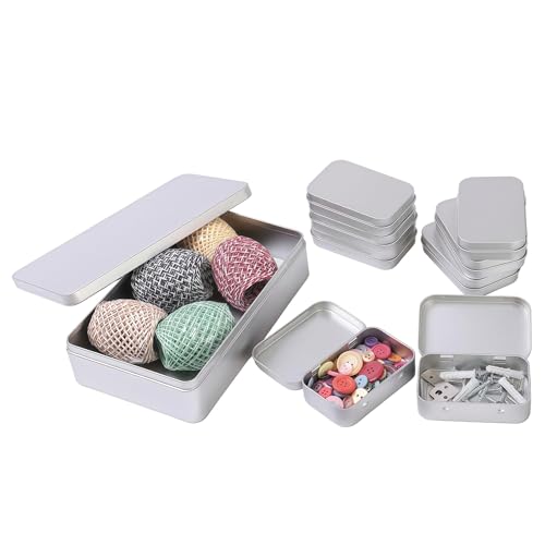 LJY 9 Pack Rectangular Metal Tin Box Set - 1 Large Container with Lid (21.5x12.5x6cm) and 8 Small Hinged Tins (9.5x6.2x2cm) for Crafts, Sewing Kit, Hardware and Storage Tins