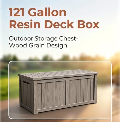 Image of 121 Gallon Resin Deck Box for Patio - Outdoor Storage Chest for Patio Furniture Cushions, Garden Tools, Pool Accessories - Lockable, Waterproof, All-Weather, Wood Grain Design, Easy Assembly