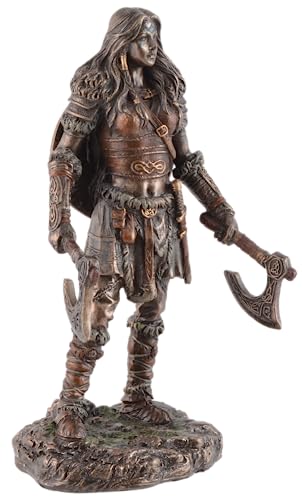 Veronese Viking Woman with Two Axes Made of Artificial Stone Bronzed and Coloured by Hand, Multicolor, LxBxH ca. 11x8x16 cm - Image 2