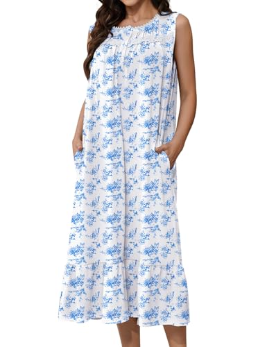 Bloggerlove Nightgowns for Women with Pockets Button Down Sleeveless House Dress Pleated Long Moomoo Dress Ruffle Hem Sleepwear Blue Leaves S