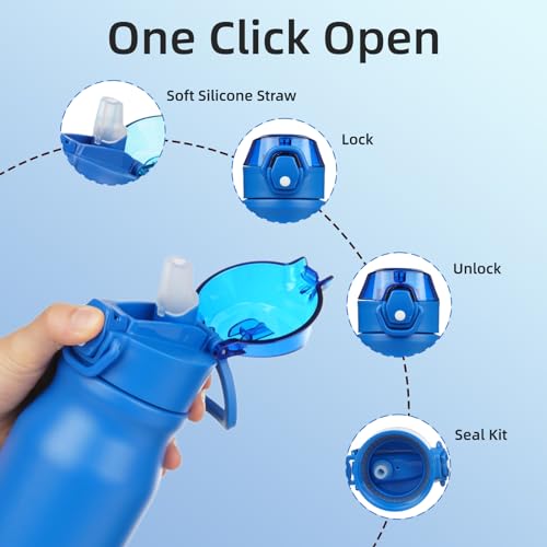 Image of BJPKPK 25 oz Insulated Water Bottle, Straw, Handle, Stainless Steel Flask | Leak Proof Locking Lid, Thermal, Double Wall Vacuum, Keeps Hot /Cold, BPA Free, Dishwasher Safe, Travel & Sports, Blue