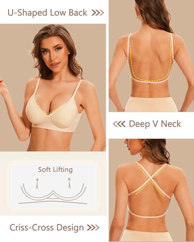 Deep V Neck Backless Bras for Women Padded Bralette Push Up Seamless Wire-Free Low Back Bra Convertible Straps3