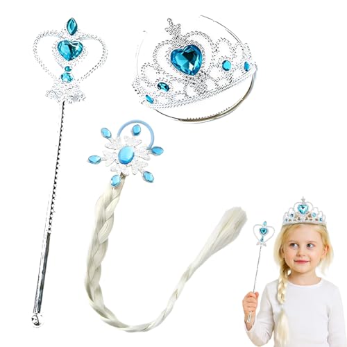 3 Piezas Conjunto con Accesorios de Princesa del Hielo Elsa, Niña Princesa Peluca Trenzas, Princesa Vestir Accesorios Princesa Elsa, Contiene Varita, Corona y Trenza
