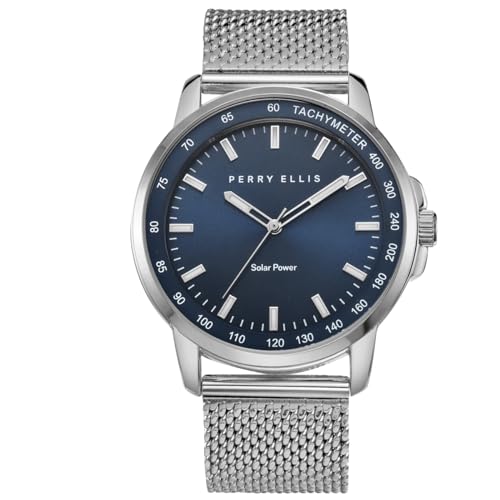Perry Ellis Solar Powered Mens Watch | Steel Mesh Band | Water-Resistant Analog Wrist Watches for Men | 43mm Case | Aluminum Tachymeter Bezel | Elegant Gift for Man (Silver)