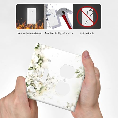 Decorative Outlet Covers Rustic Ink Green Leaves White Florals Flower 2 Gang Outlet Cover Wall Plate Single Toggle Duplex Light Switch Cover Plate Switch Plate Covers for Bedroom Decor