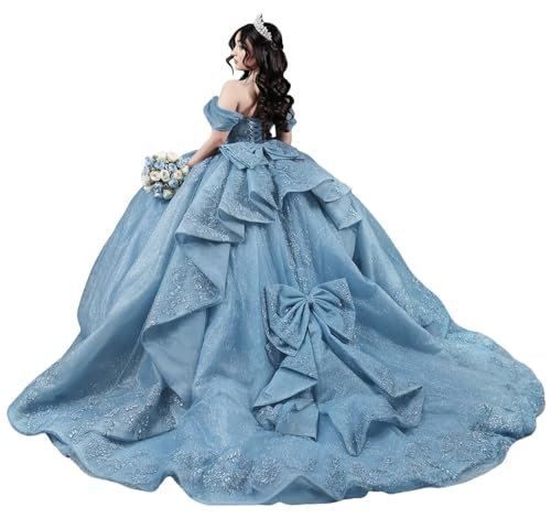 Gorgeous Double Bow Quinceanera Dresses with Train Off Shoulder Applique Quince Dress Puffy Pleated Sweet 16 Dresses