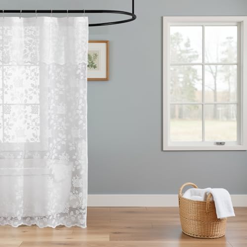 TERLYTEX Stall White Lace Shower Curtain with Attached Valance W36 x L72 Inch 1 Panel Vintage Vine Floral Patterned Scalloped Bottom Sheer Shower Curtain for Small Bathroom, Farmhouse Decor, White