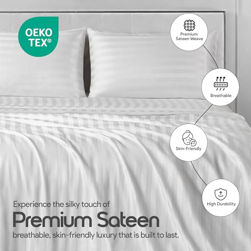 Image of LINENWALAS Cotton 300 Thread Count Double Size Bedsheet Set | 2 cm Sateen Stripe Design | Cloud-Soft, Breathable & Skin-Safe | Oeko-TEX Certified Hotel-Style Bedding (90 x 100, White)