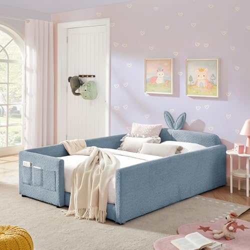 Image of Full Size Bed Frame for Kids, Upholstered Daybed Frame Floor Bed with Safety Rails and Storage Pocket Cute Rabbit Ear Shaped Headboard for Kids Teens Boys Girls, Blue