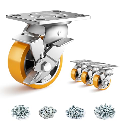 ANDUTEES 4 Inch Heavy Duty Casters Set of 4, Industrial Locking Casters 4000lbs Load Capacity, Plate Swivel Castor Wheels for Heavy Duty Carts, Workbench, Equipment, Platform Truck (Orange)