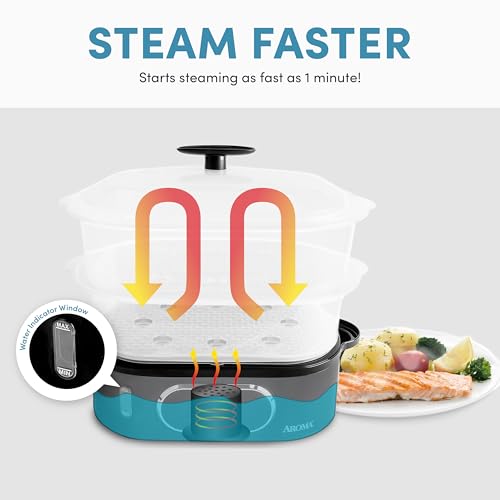 AROMA® Double Food Steamer Basket and Electric Rice Steamer with Easy-Read Water Level and Timer - Image 3