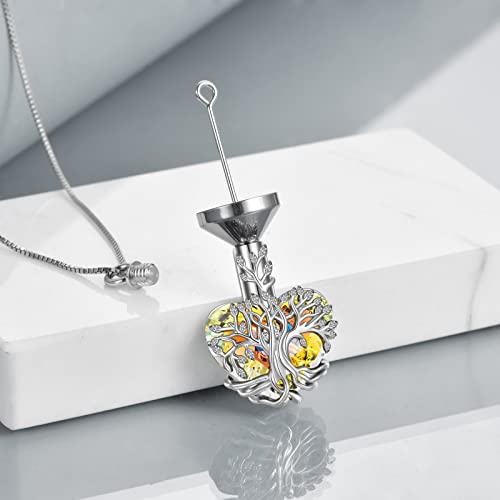 YFN Tree of Life Urn Necklace for Ashes Heart Cremation Jewelry Sterling Silver with Blue Crystal with Funnel Filler Jewelry Gifts for Women2