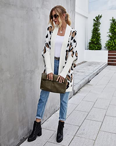 Image of Women's Long Sleeves Open Front Casual Leopard Print Fuzzy Knitted Sweater Cardigan Coat Outwear Apricot
