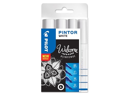 PILOT - Set di 4 Pintor - Marcatori Multisuperficie a Base d’Acqua ad asciugatura rapida - Tessile, vetro, legno, pietra, fai da te - Bianco - Punta Extra Fine, Fine, Media e larga
