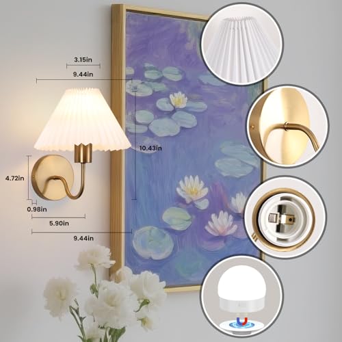 Image of Rechargeable Battery Operated Wall Sconces Set of 2 Brushed Brass Wall Lights with Remote Dimmable Pleated Shades Wall Lamp 15 Colors Wireless Bathroom Vanity Light for Bedroom Living Room Hallway