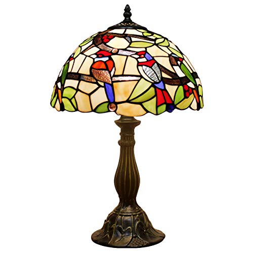 Tiffany Table Lamp Stained Glass Bedside Lamp Double Birds Luxurious Decorative Antique Reading Desk Light 18 Tall Living Room Bedroom Coffee Bar Banker Memory Sympathy WERFACTORY LED Bulb Better