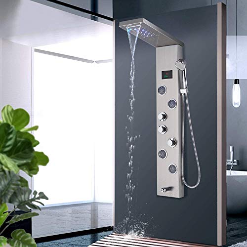 Zovajonia LED Shower Panel Tower System Bathroom Rainfall Waterfall Shower Head Rain Massage System with Body Jets & Hand Shower Stainless Steel Shower System