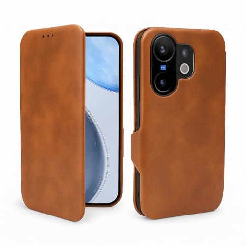 Image of Vegan Leather Wallet Case for Vivo V60 5G / V60E 5G, Premium PU Flip Cover with Card Slot, Magnetic Closure, Kickstand, Slim Durable Design, Privacy Protection - Brown