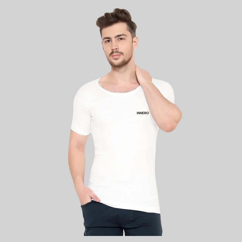 Image of INNERO Men's Vest with Sleeves | Cotton Half Sleeve Round Neck Vest, Baniyan, Ganji, Undershirt (White)