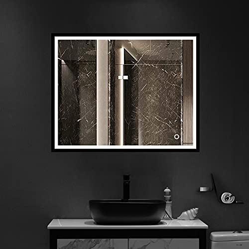 Rainovo Black Framed LED Bathroom Mirror for Wall l 36X30 LED Lighted Bathroom Mirrors, Anti-Fog Lighted Bathroom Mirrors for Wall, Waterproof Mirror Bathroom, Memory Touch, Horizontal/Vertical