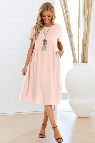 Sommerkleid Damen Leinen Kleider Casual V-Ausschnitt Midikleid Kurzarm A-Linie Kleid Strandkleid (E Rosa, M) 5