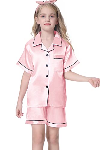 Image of Umeyda Women & Girls Pajamas Set, Soft Satin Lightweight Silk Button-Down Top with Shorts 2 Piece PJS for Mom Boys Kids Gifts
