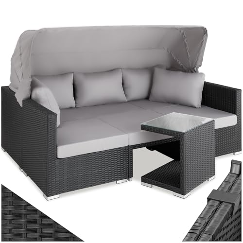 tectake® Rattan Sonneninsel Sitzgruppe, Alu Lounge Möbel Set inkl. Sofa mit Sonnendach, Hocker, Sesseln & Tisch, Outdoor Gartenmöbel, Loungemöbel Balkon & Garten, Terrassenmöbel, wetterfest - schwarz
