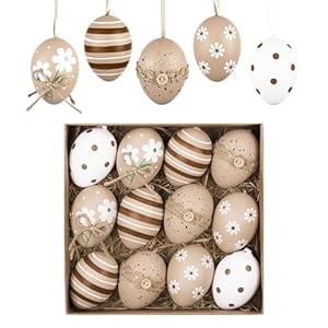Valery Madelyn 12Pcs Plastic Easter Eggs Ornaments Tree Decoration 2 Beige White Easter Eggs Bulk for Easter Decorations Shatterproof Decorative Hanging Egg for Spring Holiday Party Decor