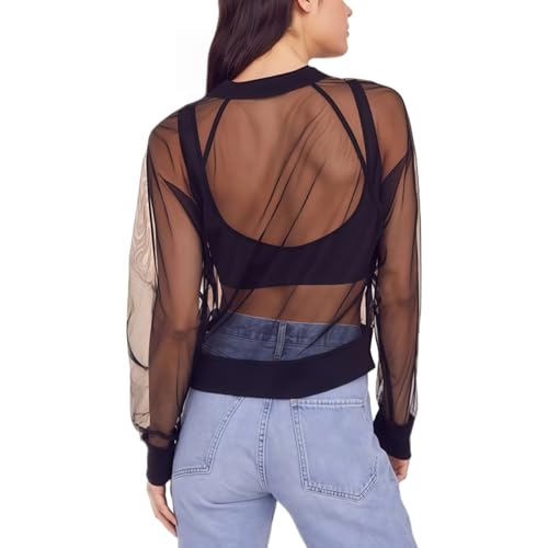 Women's See Through Mesh Bomber Jacket Sexy Mesh Sheer Zip up Long Sleeve Coat Top3