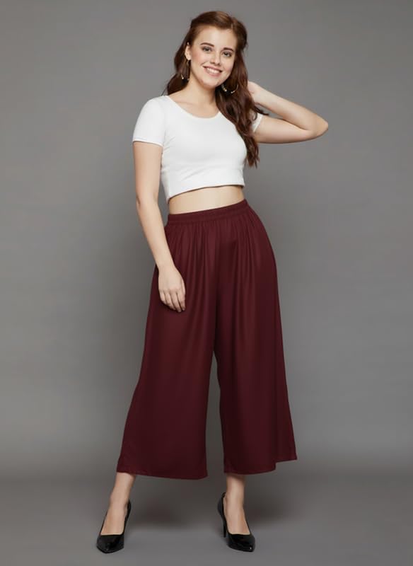 Image of Super Soft Viscose Rayon Flared Palazzo Pants for Women Stylish Wide Leg Straight Relaxed Fit Casual Ethnic Office Wear