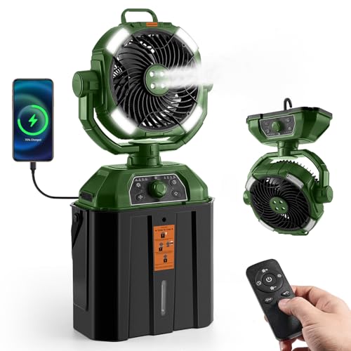Odoland - Odoland Portable Misting Fan with LED Light, 30000mAh Rechargeable Battery Operated Oscillating Fan with Remote & Hook, 6L Bucket Misting Fan for Outdoors Patios,Travel,Jobsite,Home, Green