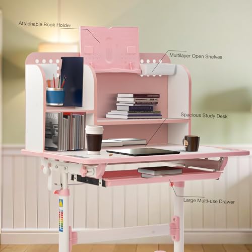 Image of BAYBEE Baby Study Table with Chair for Kids | Ergonomic Study Table with Height Adjustable Desk & Chair | Functional Study Desk with Book Storage, Drawer, Multi Shelf, Footrest for 2+ Years kids(Pink)