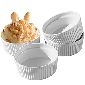 Cinf White 10 oz Set of 4 Souffle Dishes Ramekins Oven Microwave Safe Bowls Creme Brulee Set Sauce Cups for Baking Cooking Dessert Porcelain Pudding Cups