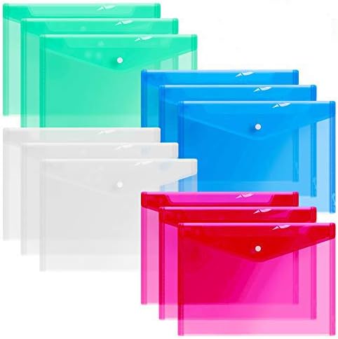 12 Plastic Envelopes, Clear Document Folders, Poly Envelope Folders, Transparent Project Envelope Folders with Snap Button Closure, A4 Letter Size File Envelopes (4 Colors)