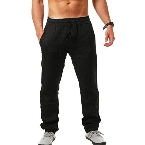 Men's Linen Pants Beach Daily Drawstring Pocket Elastic Waistband Plain Breathable Hip Hop Light Khaki Black