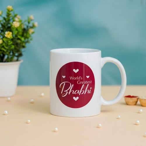 Image of Rakhi Gift for Brother and Bhabhi with 2 Printed Ceramic Mug 325 ML, Lumba Rakhi Set, Greeting Card and Tilak Set Combo for Bhaiya Bhabhi (WPM-3)